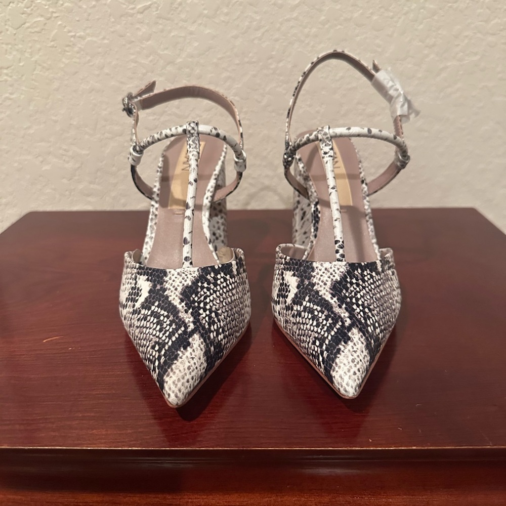 Deltan Black and White Snakeskin Heels